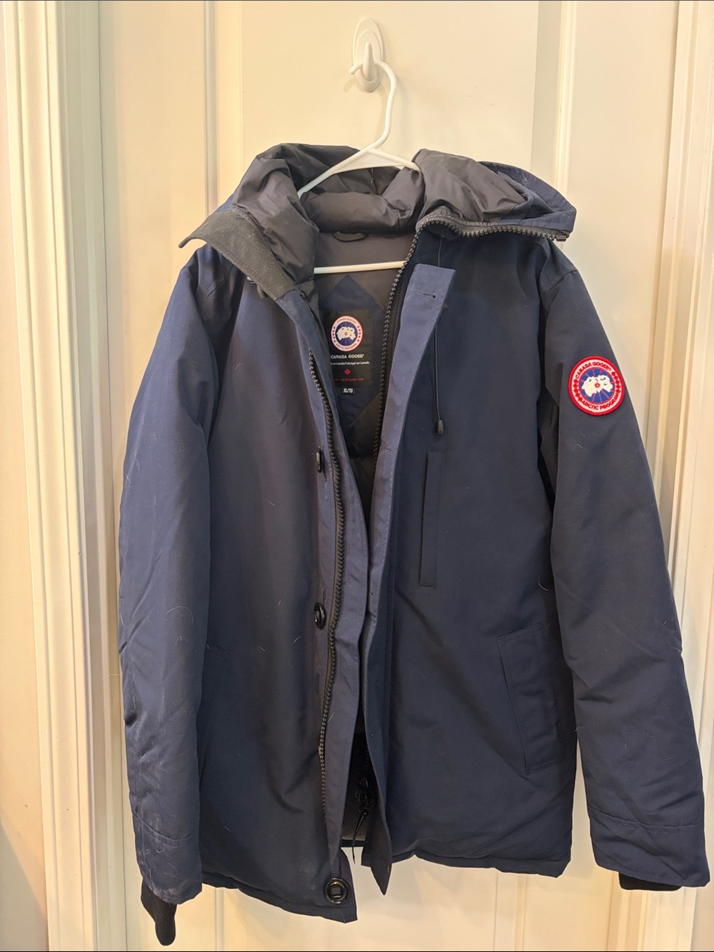 Canada Goose Navy Hooded Puffer Jacket with Logo Patch